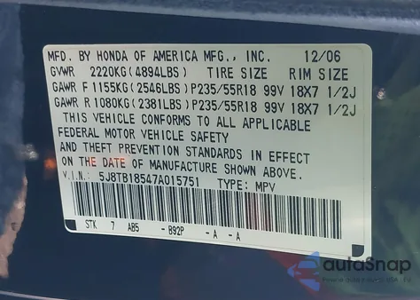 2007 Acura Rdx z USA, uszkodzony, nr VIN 5J8TB18547A015751